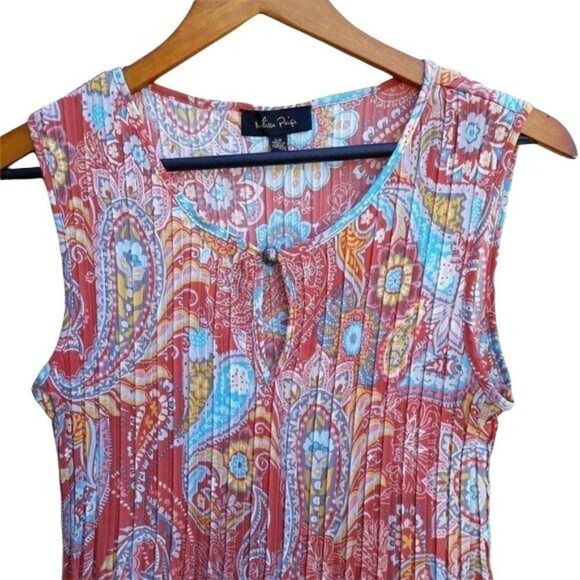 90's Pleated Paisley Print Sleeveless Keyhole Scoop Neck Blouse Coral Sz S - Picture 5 of 11